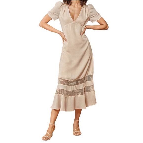 NWT LULUS Precious Moments Beige Lace Short Sleeve Midi Dress M - Picture 2 of 10